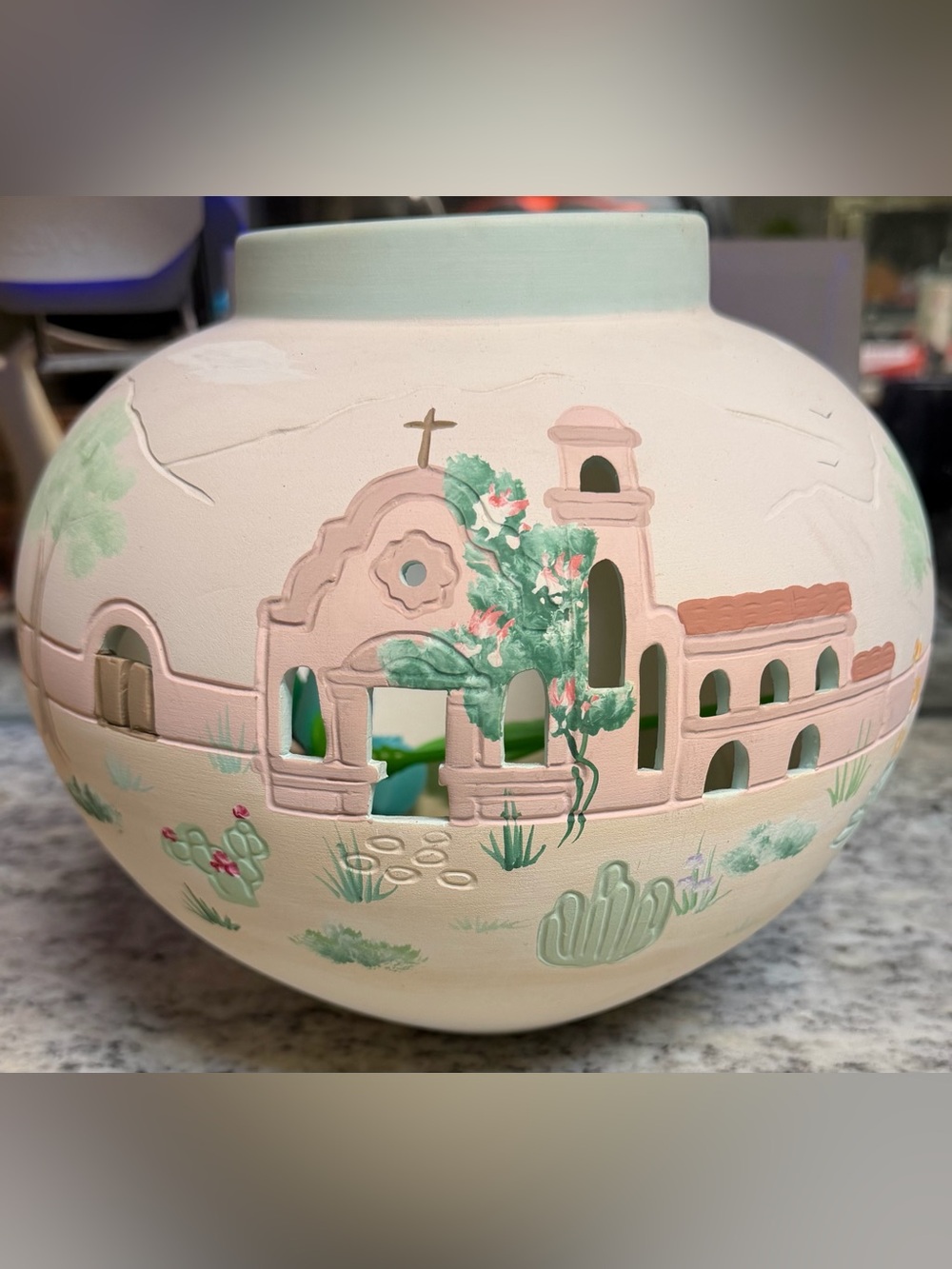 Decorative Pastel Mission Vase - Hand-Painted Pink & Mint Home Art